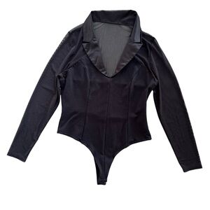 Venus Women’s L Black Collared Mesh Panel Long Sleeves HARM Bodysuit Grunge Chic